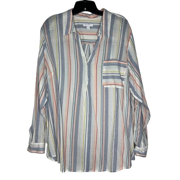 Charter Club Women's XXL Striped Pastel Beach Long Sleeve Button-Up Shirt - Picture 1 of 9